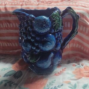 Ornate Blue and Green Ceramic Art Pitcher